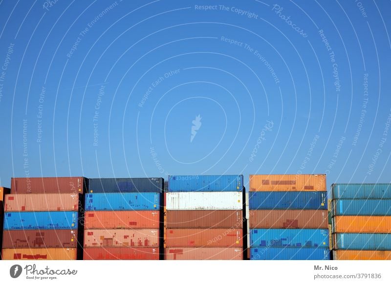 Container terminal Harbour Logistics Container cargo Trade Blue sky pile Economy Industry Red Parking area Cargo Structures and shapes container stacks