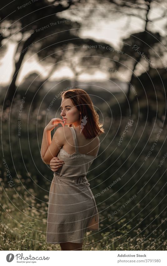 Slim woman standing in summer park dress lawn peaceful relax meadow calm sunlight female iceland serene enjoy green young tranquil field idyllic style trendy