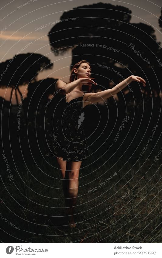 Graceful woman dancing in dark park ballet ballerina dancer meadow choreography grace flexible talent female iceland dress nature elegant balance artist classic