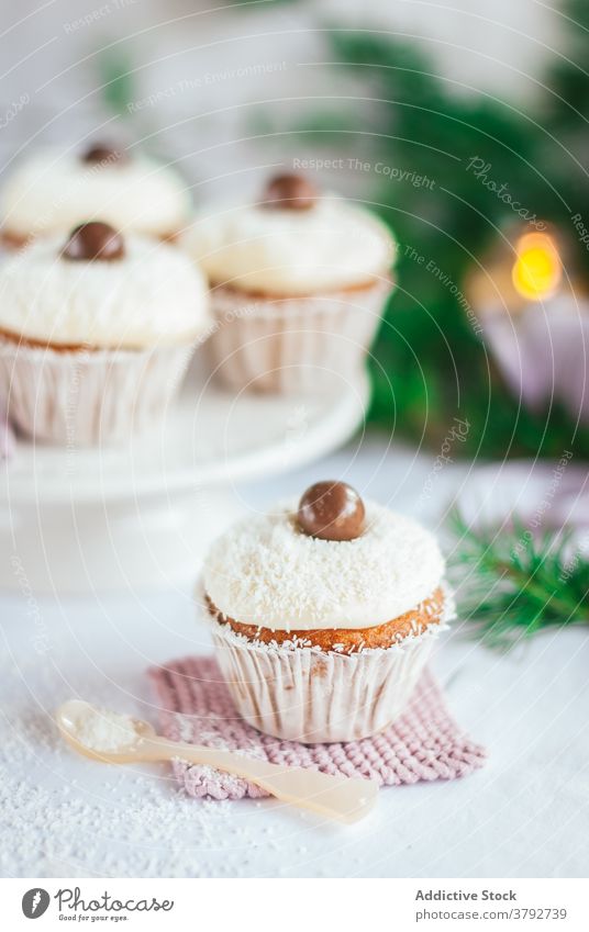 Sweet cupcakes with chocolate balls on table sweet dessert christmas treat coconut flake tasty event tradition party sugar holiday celebrate decoration winter