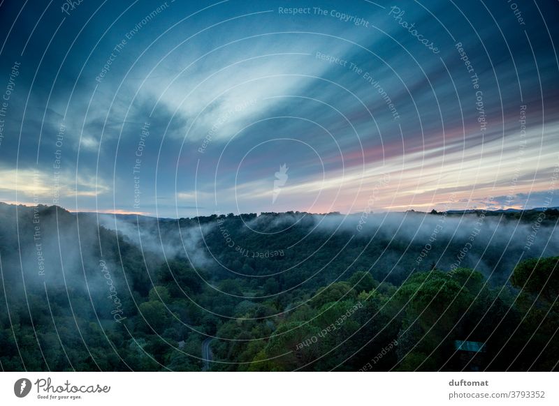 Evening atmosphere with fog in Tuscan landscape Fog Italy Tuscany Landscape Mountain Valley Sky Nature Clouds Hill Vantage point Panorama (View) Rock