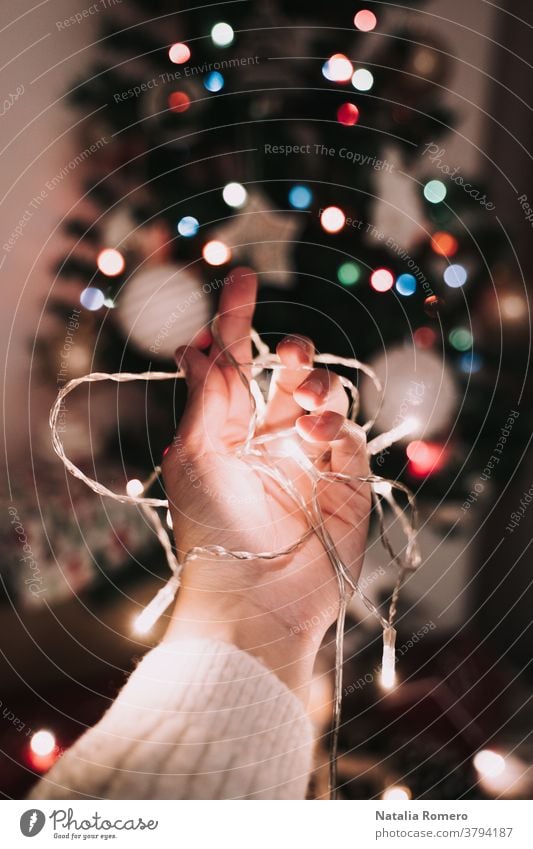 A hand is holding Christmas lights in front of the Christmas fir tree. christmas decorative celebration merry christmas december christmas decoration