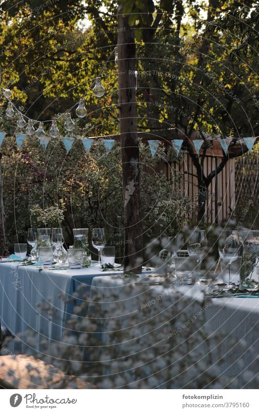 set garden table with blue tablecloth and decoration in garden garden idyll romantic Romance Garden Table Summer Decoration laid table Garden festival