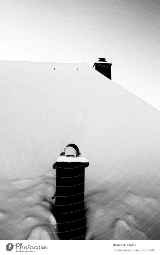 Even more snow: two chimneys protrude from snow-covered roof Snow Black Forest White Winter Fireside Roof black-white Cold Bright snowed in