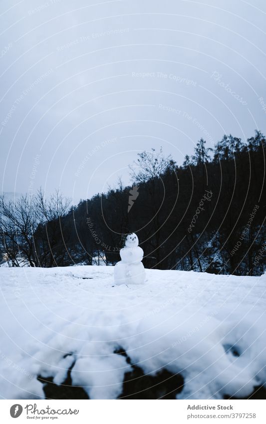 Cold winter landscape with snowy mountains and snowman snowfall snowstorm cold severe rough wild river nature woods forest scenery frozen frost ice season