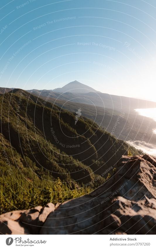 Sunny landscape of green highlands mountain range forest hill sunny scenery wild environment blue sky picturesque nature scenic peak idyllic peaceful rock ridge