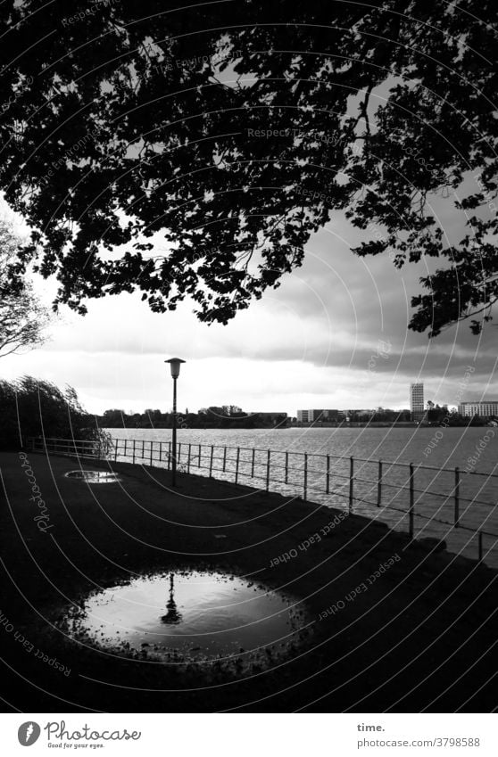 Before the rain Lantern Puddle reflection Elbe bank River Hamburg Tree Weather Sky Clouds Gale rail Backup off hiking trail Water melancholy Light