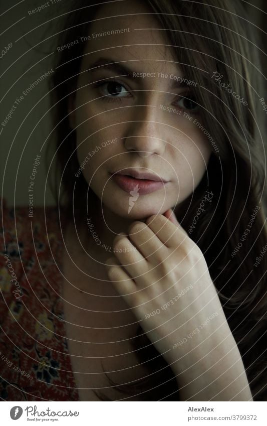 Close portrait of a young woman Woman pretty Near fit daintily Skin Face look Direct Long-haired Athletic youthful 18 - 30 years Adults Beauty & Beauty Identity