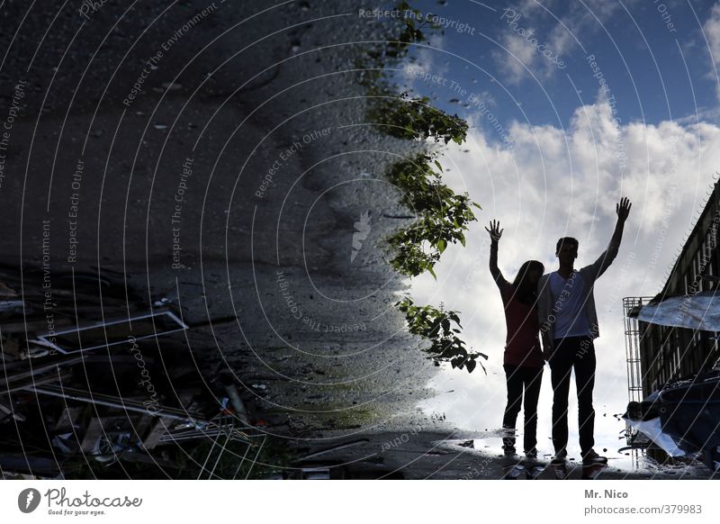 upside down Lifestyle Masculine Feminine Brothers and sisters Couple 2 Human being Environment Sky Clouds Stand Puddle Wet Wave Hand Weed Industrial site