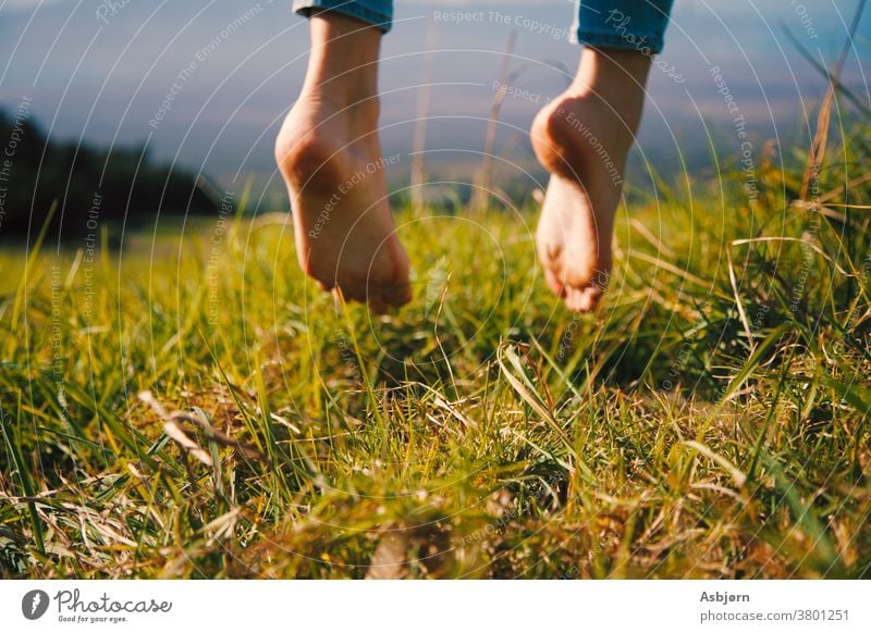 Jumping on grass feet Summer legs Meadow valley Barefoot Exterior shot Unrecognizable