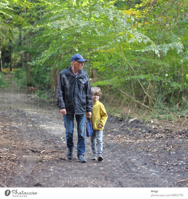 Grandpa and grandchildren on the road in the forest Human being Man Senior citizen grandpa Grandfather Child Grandchildren Boy (child) To go for a walk Forest