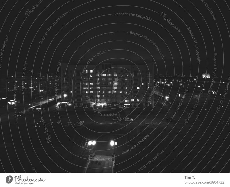 View of a panel building with illuminated windows woody Ukraine b/w B/W Prefab construction Night Black & white photo B&W Loneliness Dark Architecture Light