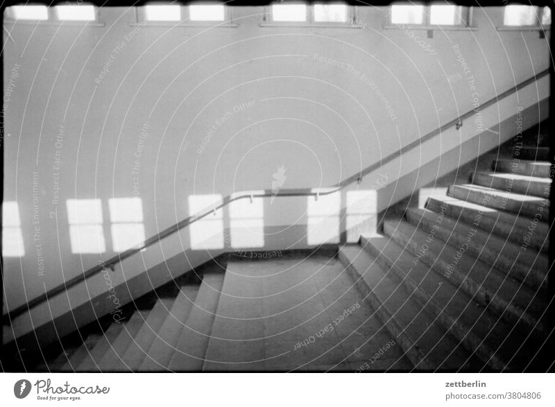 Staircase in the Ostkreuz S-Bahn station, Berlin, 1985 Stairs staircase departure Upward Downward Stage Career Resume sales Landing rail Banister Light