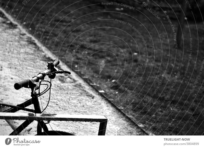 Partial view of a bicycle left standing in the rain on a garden path that is already under water and a meadow that has already become quite dark from the eagerly absorbed water