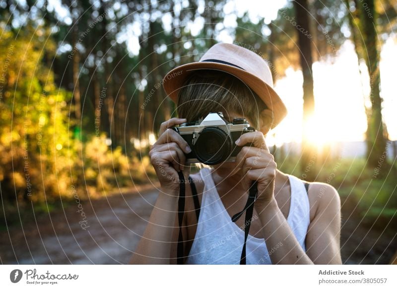 Anonymous young woman photographing nature in forest take photo admire wanderlust travel photographer vacation trip summer shoot female casual hat path hobby