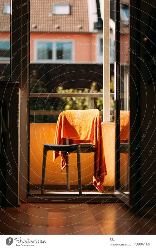 chair with towel Chair Towel Flat (apartment) Balcony at home Living or residing Photos of everyday life Everyday life Laundry Dry Orange Household door