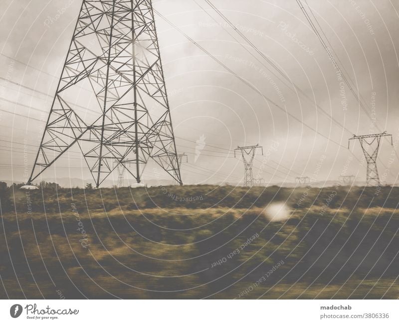 Mourning Earth stream Electricity Energy industry Technology Environment Electricity pylon Energy crisis Save energy High voltage power line Cable Sky