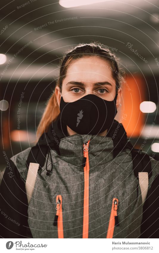 Woman with face mask in jacket portrait adult attractive beautiful black casual collection cool coronado bridge coronavirus covid-19 creative fashion female