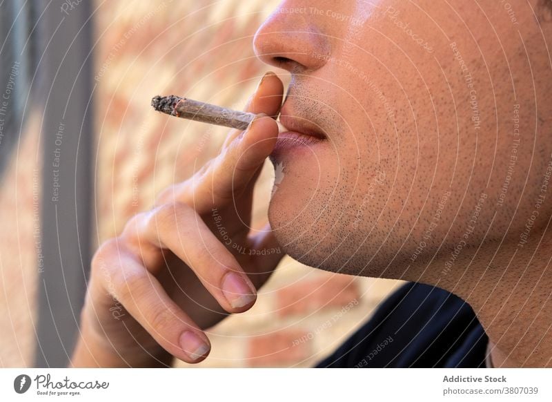 Anonymous stylish focused man smoking cigarette near brick wall smoke apparel gaze pavement portrait shadow old building appearance street town trendy shabby