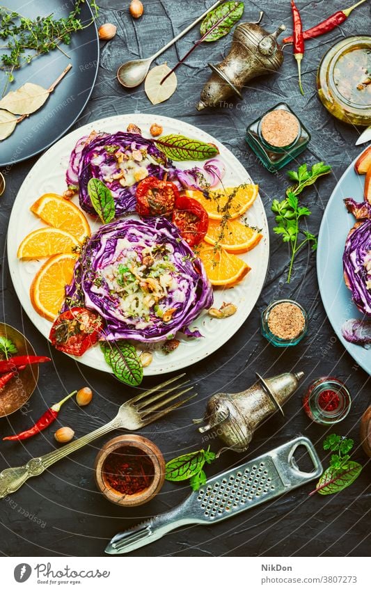 Baked red cabbage with hazelnuts vegetarian steak baked vegetables baked cabbage veggie food fried orange vegan delicious dinner healthy food meal tomato