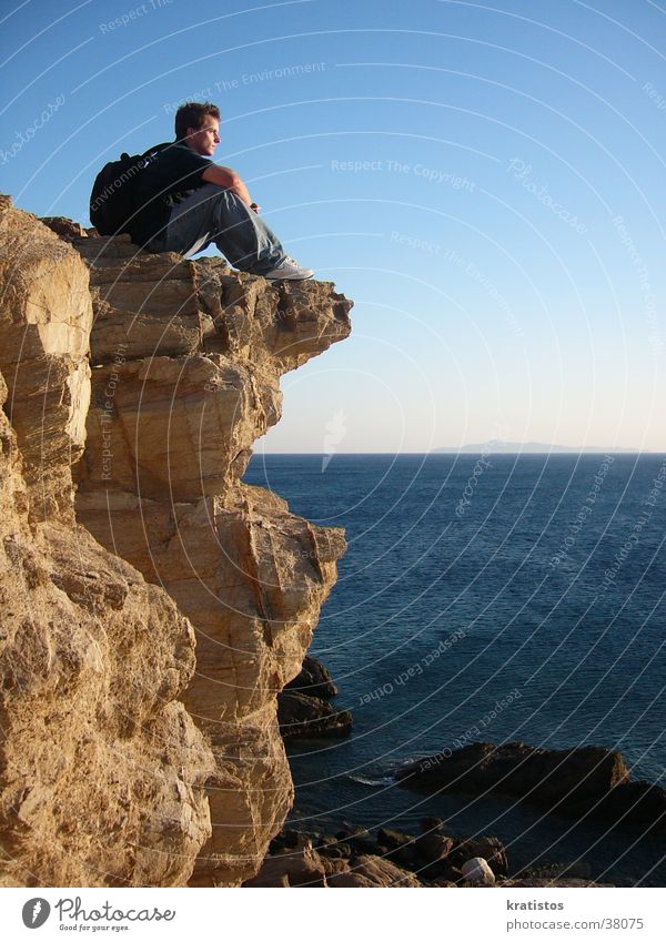 Waiting for the most beautiful sunset Sounion Greece Ocean Cliff Man Europe Rock