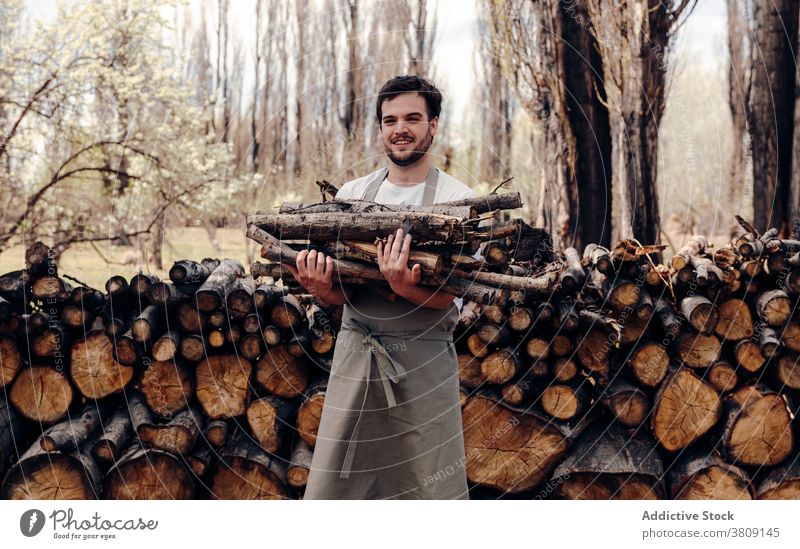 Man taking firewood in forest man picnic log branch nature apron pile male summer tree environment rural countryside fresh season prepare wooden natural timber