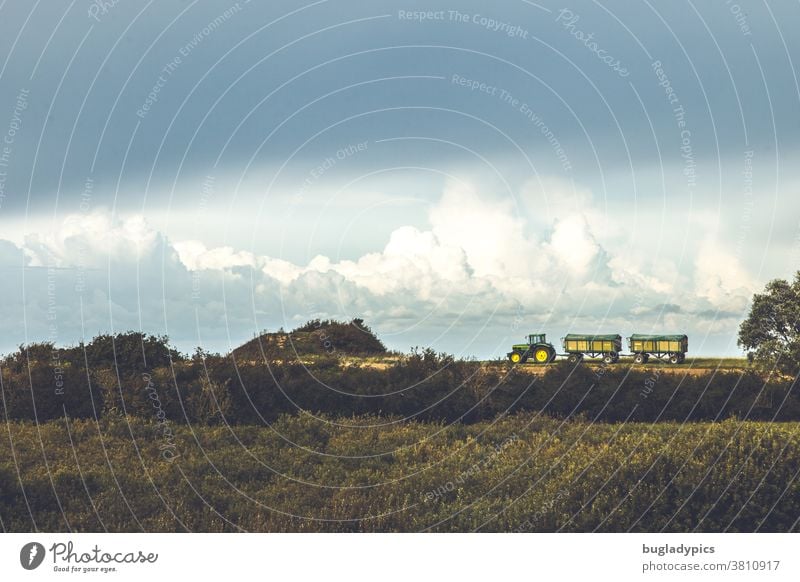 A green-yellow tractor with two trailers stands on a field on the horizon. In the foreground you can see bushes in the background and big clouds in the sky