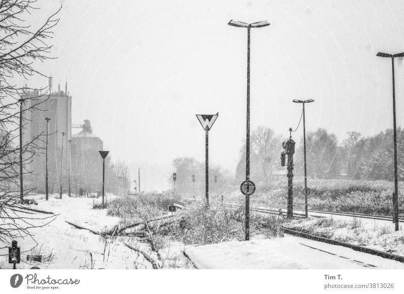 Winter in Brandenburg Station Exterior shot Deserted Landscape Day Cold Snow Rail transport Frost White Railroad tracks Train station Transport