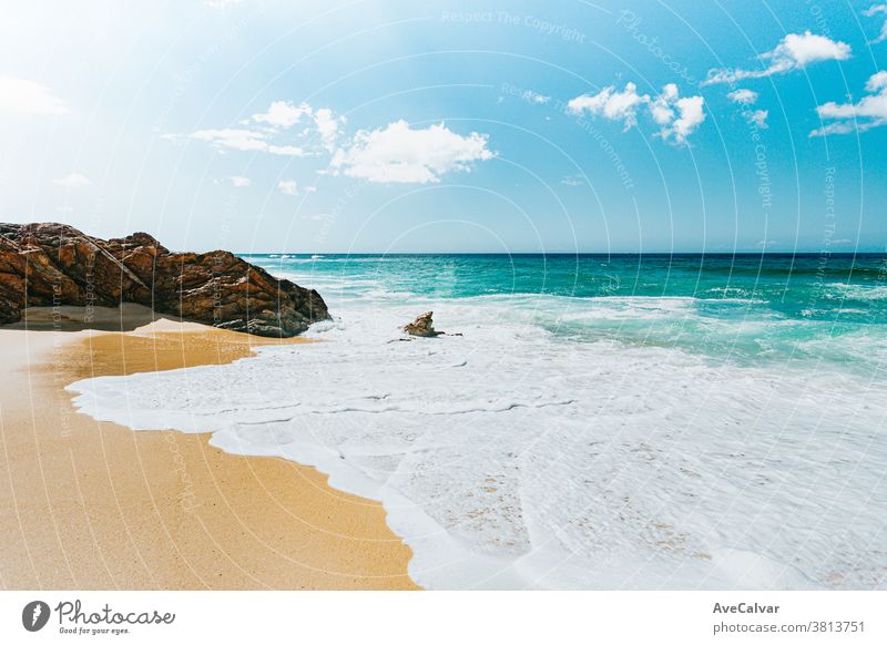 Paradisiacal wild beach on the north of spain during a super sunny day with sun beans sand travel summer landscape sea coastline shore nature europe vacation