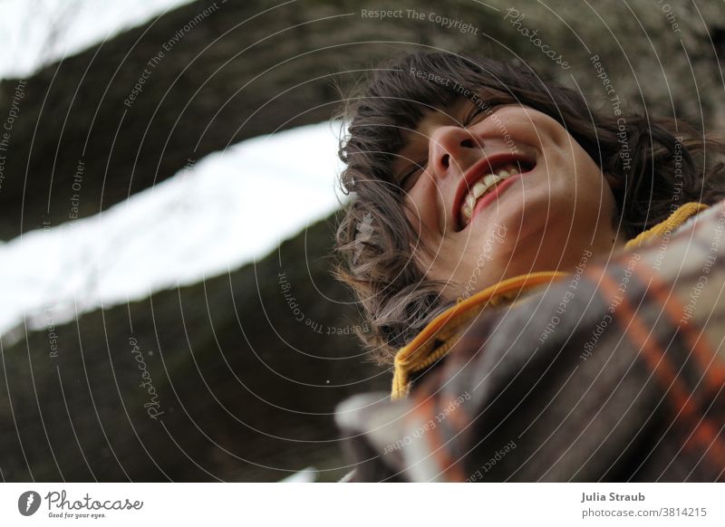 wonderful smile Woman Dark-haired pit pretty Beauty & Beauty checkered shirt fringe hairstyle Short haircut Nature out eyes closed laughing Laughter Joy cute