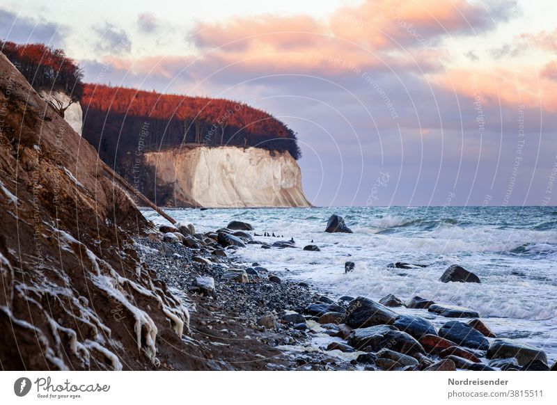 chalk cliffs in winter at the Baltic Sea Vacation & Travel Tourism Ocean Sun Winter vacation Elements Climate Beautiful weather Ice Frost coast Navigation Cold