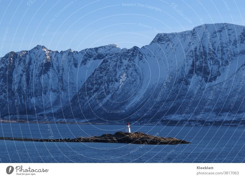 Norway - lighthouse on a small island Fjord mountain Snow Water Sky Scandinavia Vacation & Travel Exterior shot Relaxation Colour photo Idyll Lighthouse