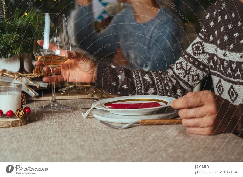 family chatting at christmas dinner, two sisters sitting at the decorated table with glasses of white wine in hand. thanksgiving women festive home conversation