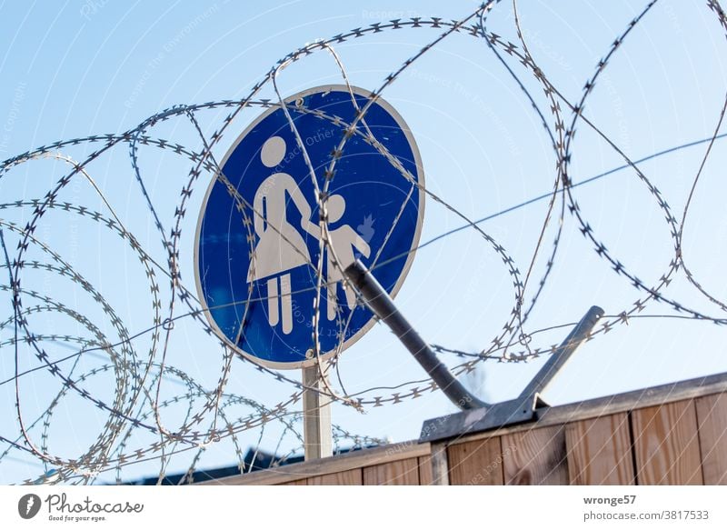 Signs | Pedestrian protection fence topic day sign Signs and labeling Deserted Exterior shot Colour photo Road sign off VZ 239 Traffic infrastructure