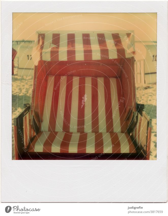 Empty beach chair on Polaroid Beach chair Baltic Sea Baltic coast Stripe Vacation & Travel Relaxation Colour photo Exterior shot Tourism strip vertical Red