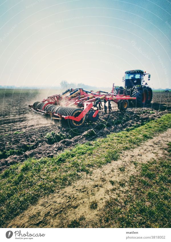 plough acre egge Tractor Row Grass Sky clear Autumn Cloud of dust mobile