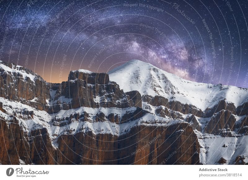 Snowy Pyrenees under bright starry sky in evening pyrenees nature snow highland milky way atmosphere astronomy winter twilight rough ridge scenic landscape