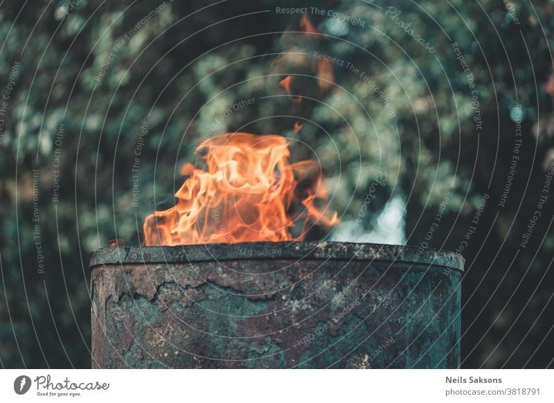 fire in the garden	fireplace made of old metal barrel bin burnt can container danger destruction dump flame trash garbage hazard junk litter pollution safety