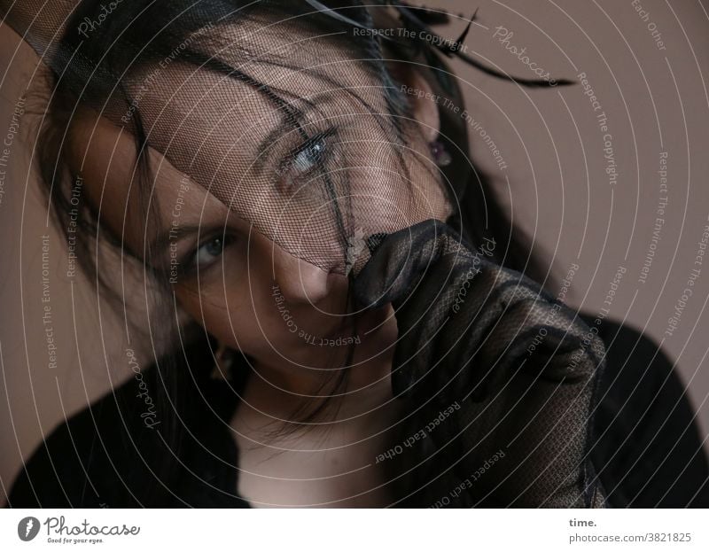 Woman with hairnet and gloves in semi-darkness portrait Shadow Deep depth of field Concentrate Testing & Control Inspiration Mysterious Mistrust Timidity