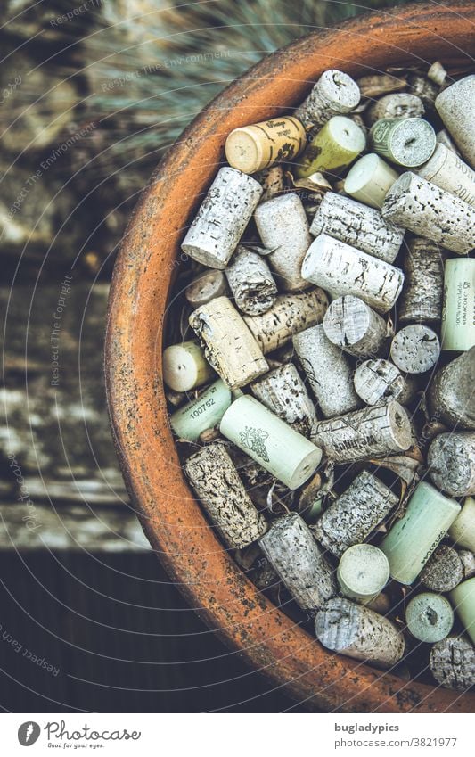 Large clay pot full of wine corks as a reminder of cheerful summer nights. Cork Vine Clay pot Mediterranean Alcoholic drinks Bottle of wine Red wine White wine