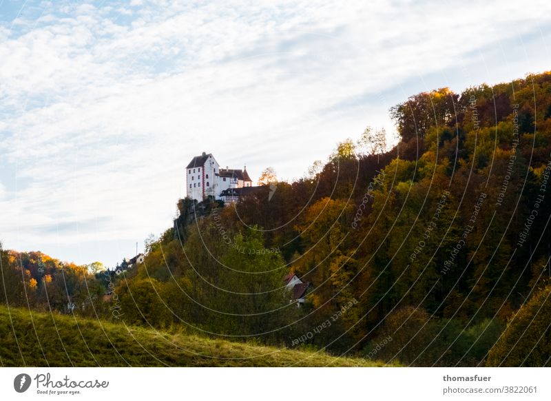 medieval castle in Franconia on top of a mountain framed by forest in autumn Castle Historic Tower Old Building Monument Sky Forest Autumn colors cloudy