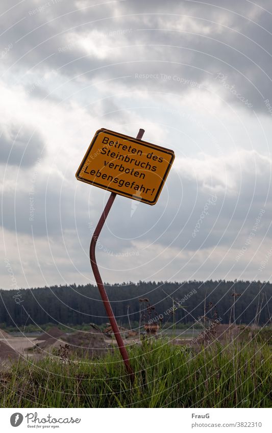 Welcome rituals | forbidden! Landscape Sky Clouds cloudy weather Forest Grass Quarry sign Prohibition sign Signage Warning sign Warning label interdiction