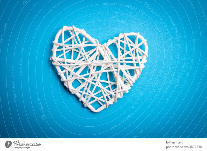 white rattan decoration heart with blue background Heart Decoration White Valentine's Day Design Bird's-eye view Symbols and metaphors Love