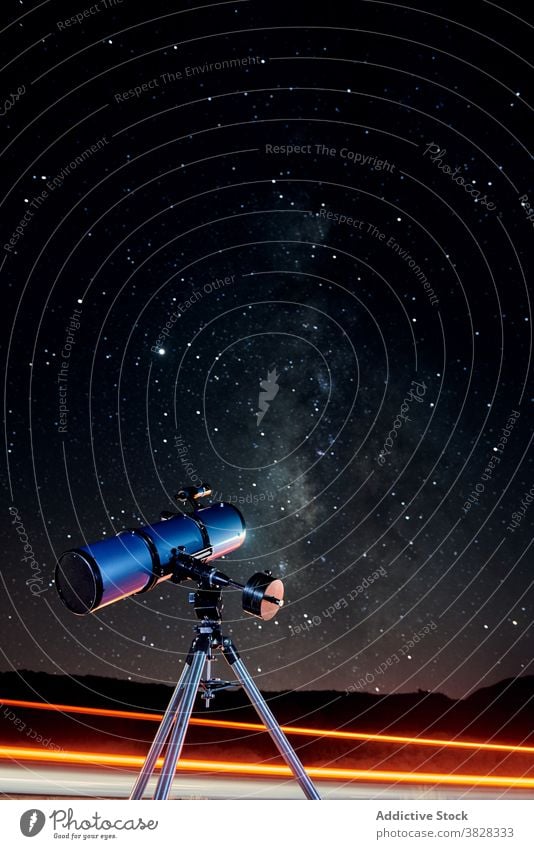 Optical telescope against night starry sky explore dark cosmos optical galaxy discovery astronomy environment observe science technology universe tool device