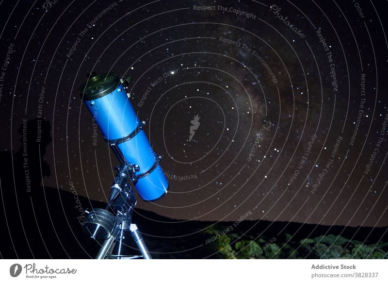 Optical telescope against night starry sky explore dark cosmos optical galaxy discovery astronomy environment observe science technology universe tool device