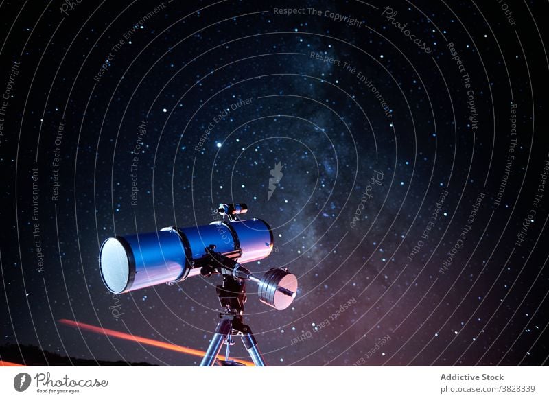 Optical telescope against night starry sky explore dark cosmos optical galaxy discovery astronomy environment observe science technology universe tool device