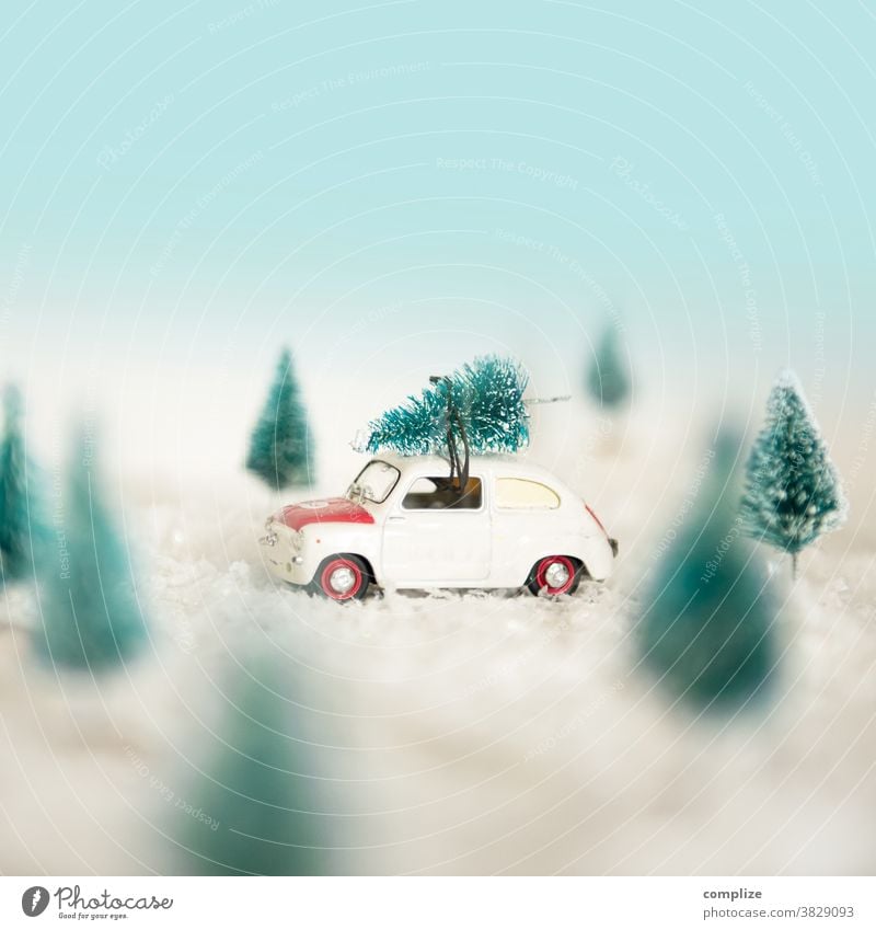 Driving Home with Christmas Tree Vintage car Christmas tree Forest Snowfall New Year's Eve Shopping Lifestyle Nature Beautiful Creativity Transport Landscape