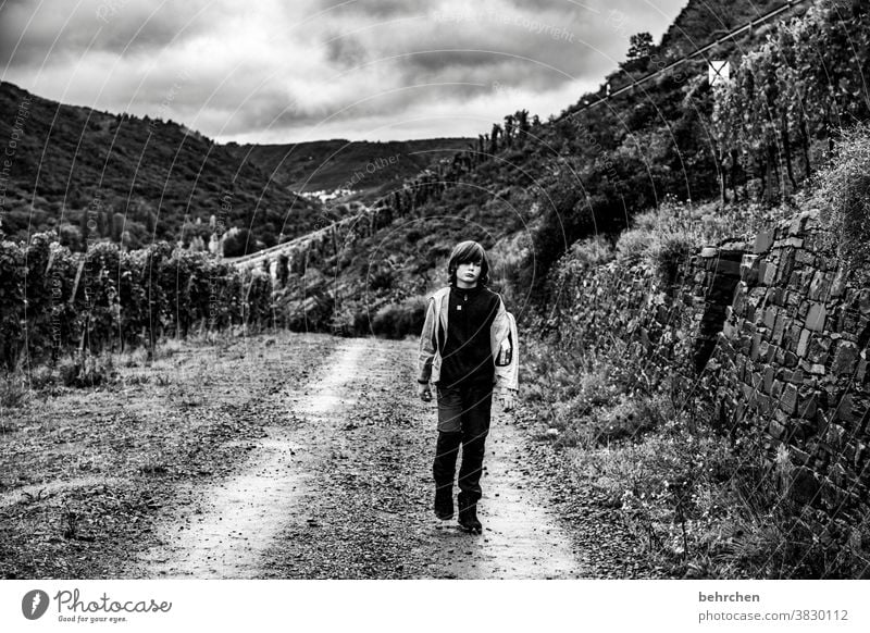 tighten up a bit Vineyard Infancy Child Son Rain Autumn Seasons Autumnal hikers Hunsrück Moselle valley Mosel (wine-growing area) River bank Idyll tranquillity