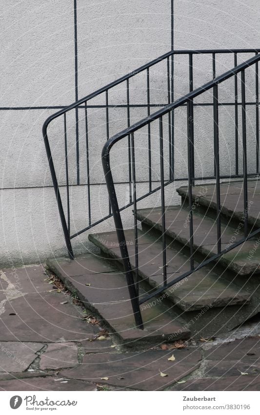 Staircase with banister and stone steps in grey Stairs stagger rail Gray Wall (building) Upward aimless Banister Go up Landing Stone Career