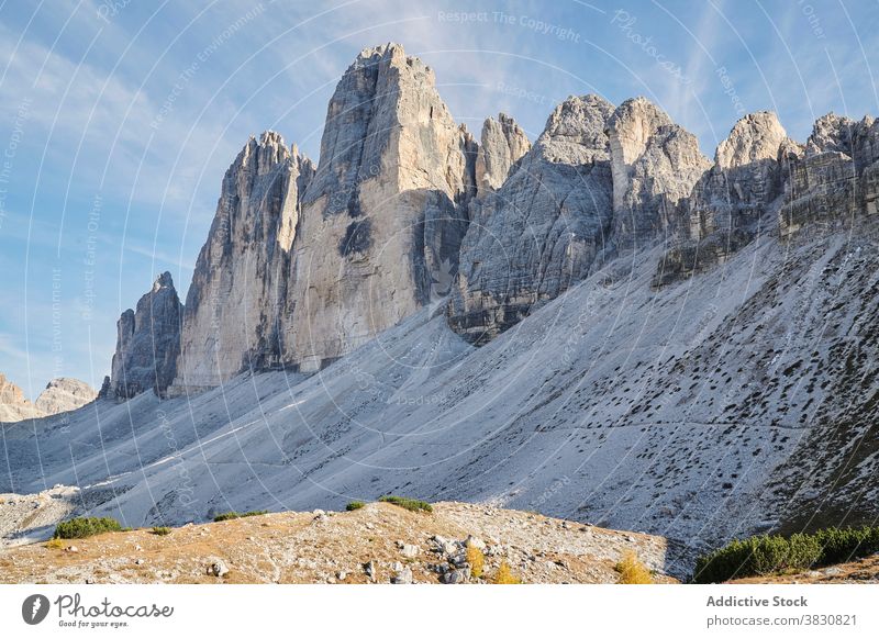 Valley in snowy mountain range valley amazing dolomites alps italy picturesque scenic breathtaking beautiful spectacular magnificent nature landscape ridge rock